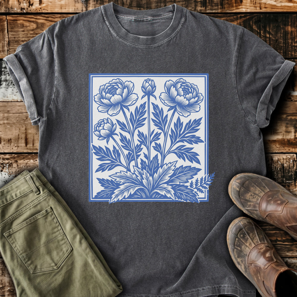 Blue Peony Block Print T-Shirt
